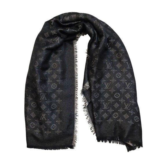 LOUIS VUITTON LV Vintage Black & Silver Cashmere Monogram Scarf Shawl Wrap - Picture 1 of 16